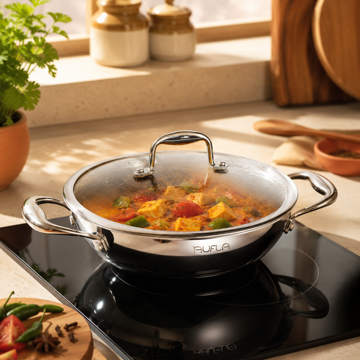 Honeycomb Non-Stick Stainless-Steel Kadhai/Wok with Glass Lid