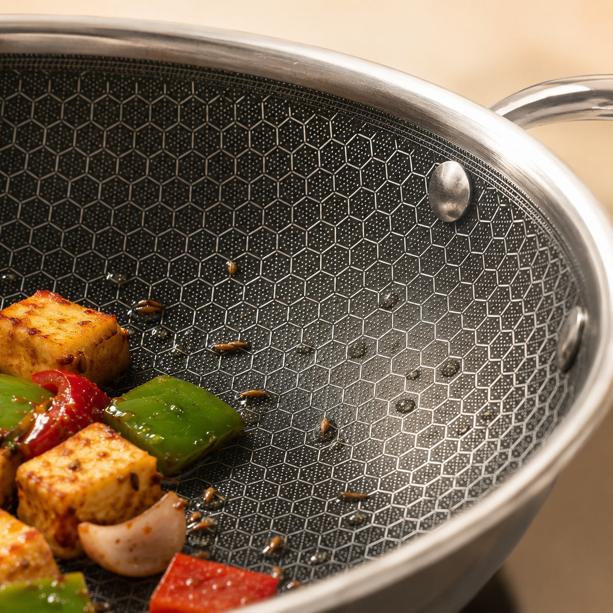 Honeycomb Non-Stick Stainless-Steel Kadhai/Wok with Glass Lid