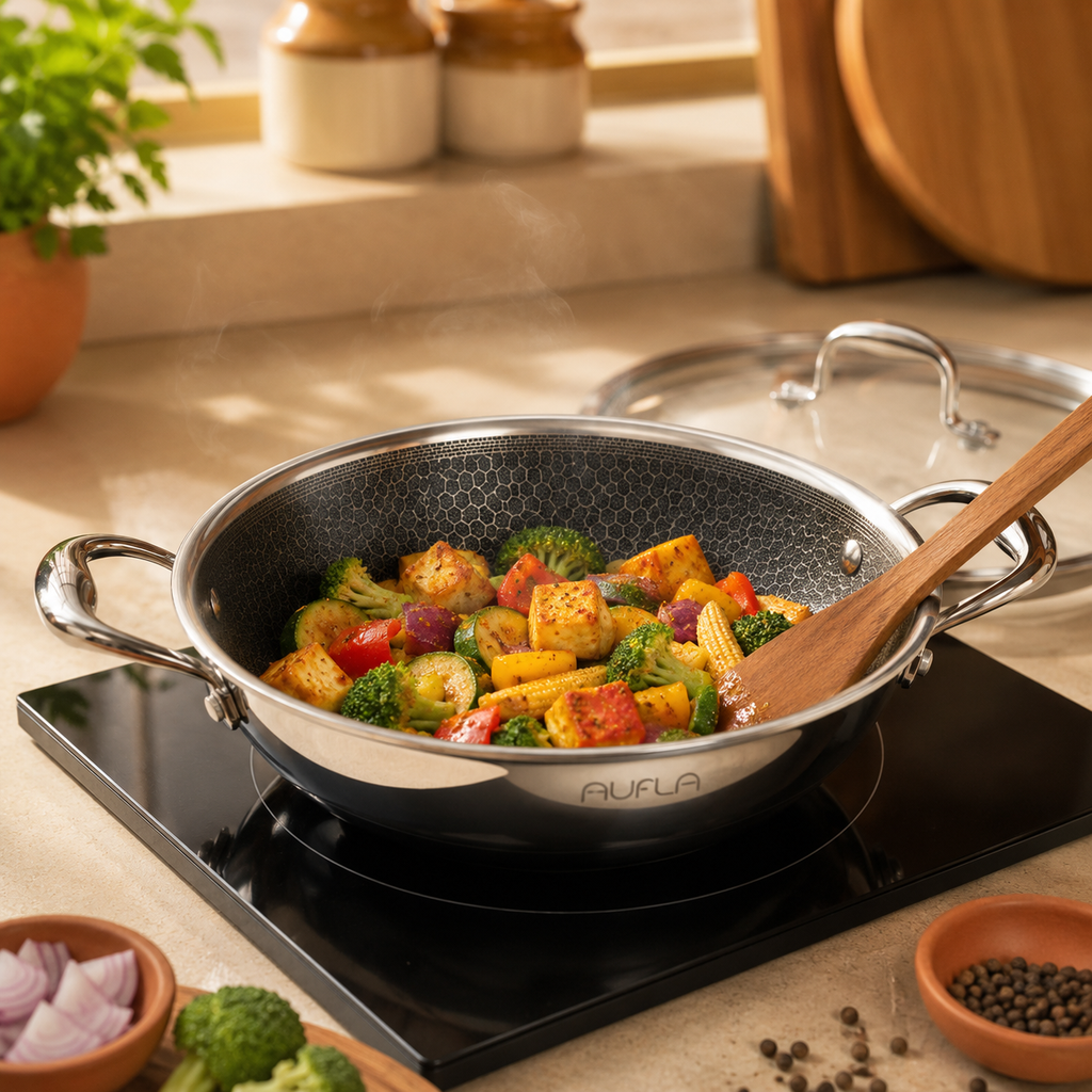 Honeycomb Non-Stick Stainless-Steel Kadhai/Wok with Glass Lid