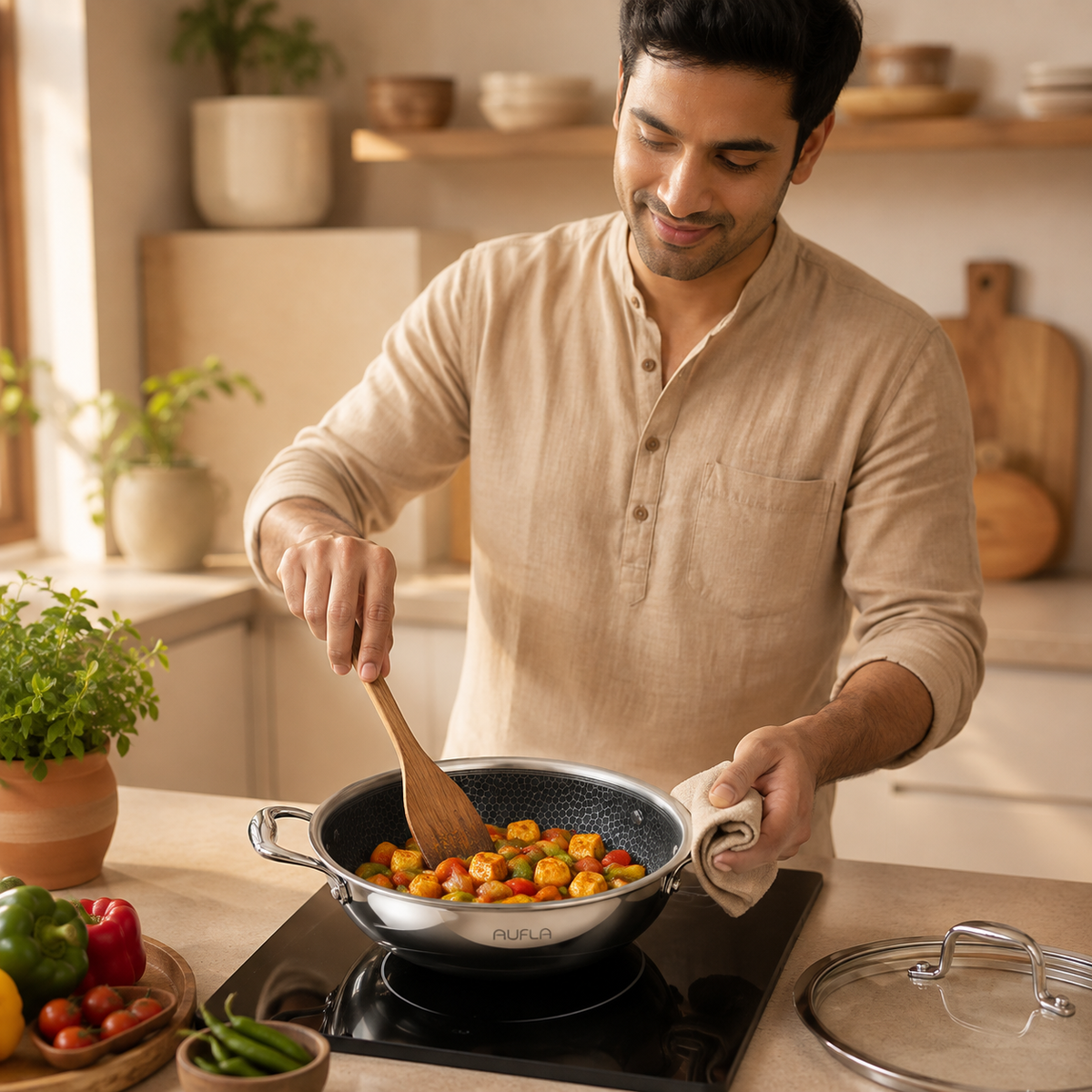 Honeycomb Non-Stick Stainless-Steel Kadhai/Wok with Glass Lid