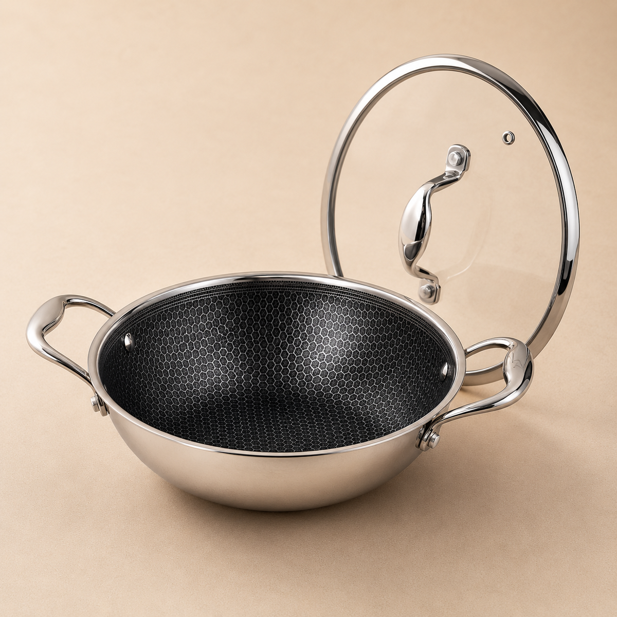 Honeycomb Non-Stick Stainless-Steel Kadhai/Wok with Glass Lid