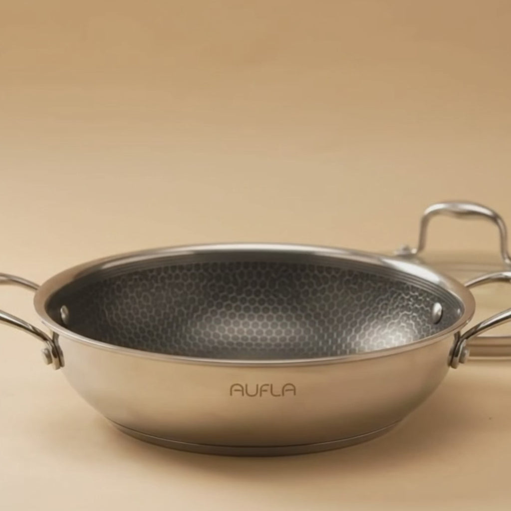 Honeycomb Non-Stick Stainless-Steel Kadhai/Wok with Glass Lid